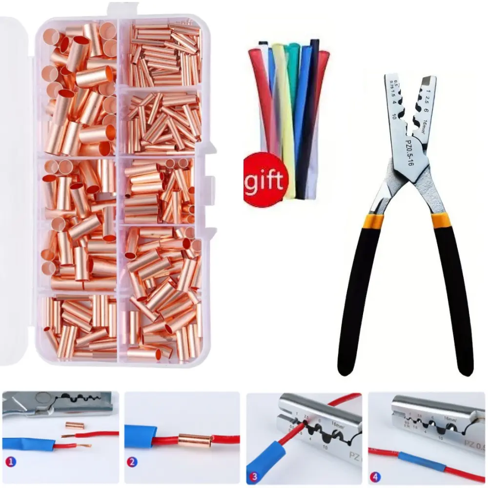 Butt Connector Kit with Crimping Tool, 250-Piece Non-Insulated Copper Wire Ferrules, Conductive & Corrosion Resistant, 7 Sizes for Secure Connections