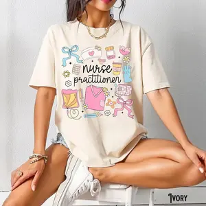Comfort Color Nurse Practitioner Shirt, NP Tee,  Nursing T-Shirt, Whimsical, Retro, Doodle, Nurse Life, Graduation, Appreciation, NP Gift Cotton Top Womenswear Check