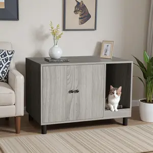 Warcat Cat Litter Box Enclosure, Modern Hidden Litter Box Enclosure Furniture, Hidden Washroom with Scratch Pad, Barn Door Design, Indoor Cat House & End Table SpringShine SpringStatements SpringBreak