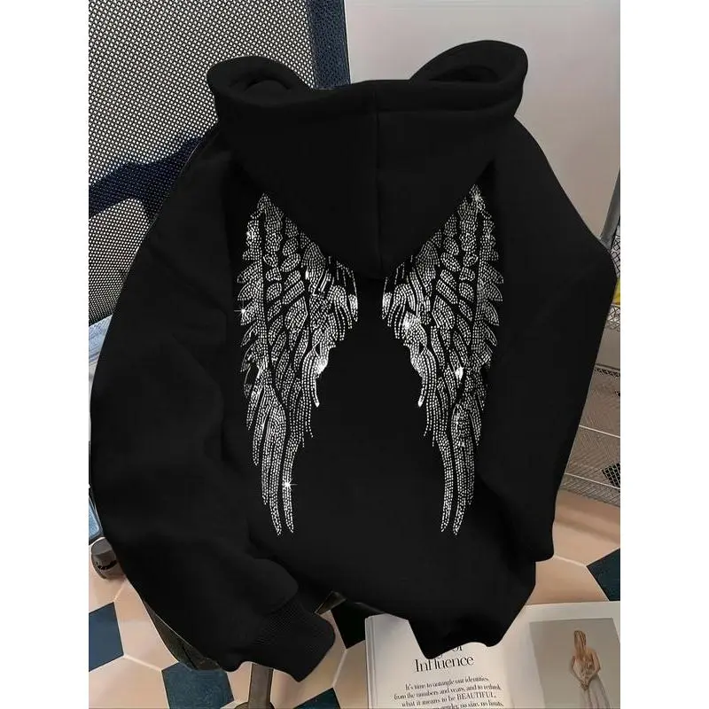 Women's Casual Long Sleeve Hoodie, Rhinestone Wing Pattern Pullover, Loose Fit, Fall & Winter Fashion, Suitable for All Seasons Women's Casual Long Sleeve Hoodie, Rhinestone Wing Pattern Pullover, Loose Fit, Fall & Winter Fashion, Suitable for All Seasons