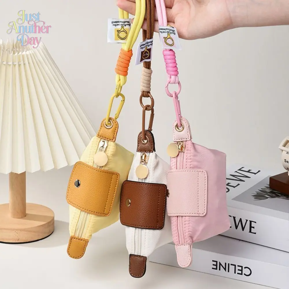 Cute Mini Wristlet Coin Purse with Wrist Strap Small Nylon Zipper Pouch with PU Accents Portable Keychain Wallet for Lipstick, Earbuds and Small Essentials
