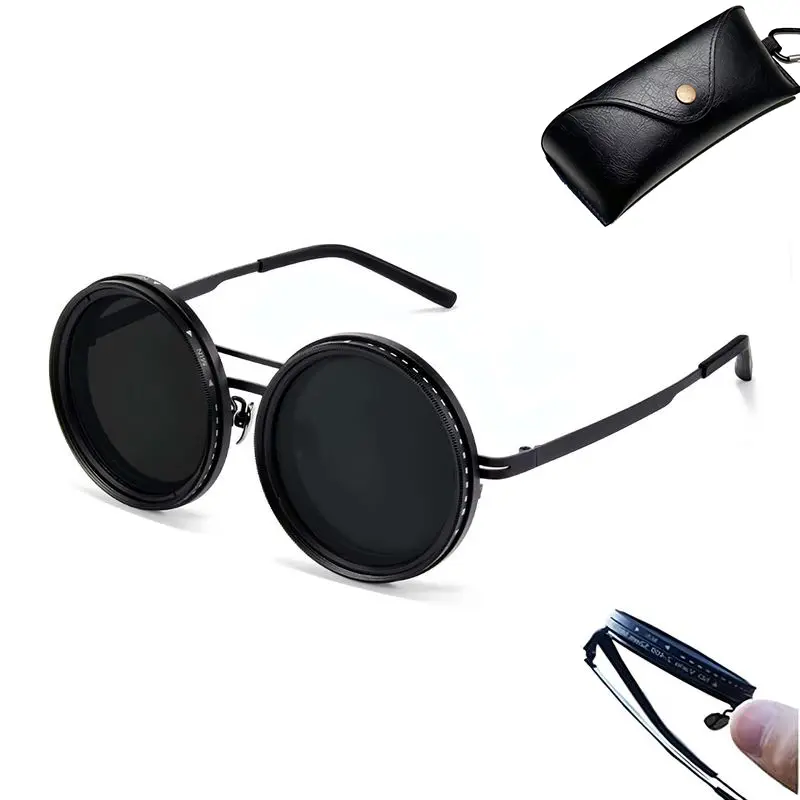 Vintage Titanium Frame UV400 Round Polarized Sunglasses for Men - 1-9 Gears Adjustable Tint ND Filter, Anti-Glare, Blue Light Protection, Ideal Outdoor Gift, Vintage Sunglasses, Unique Gifts For Man, Blue Light Glasses, Men's Accessories