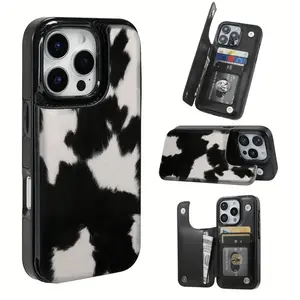 Creative Black and White Cow Hair Pattern Card Holder Leather Phone Case, Suitable for iPhone 17 Air/16 Plus/15 Pro Max/14 Pro/13/12/11/XS Max/X Phone Case, Ideal Gift for Family, Friends, Lovers, Boyfriend, Girlfriend for New Year and Christmas