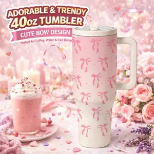 AuraCup 1pc 40oz Vacuum Insulated Tumbler with Handle, Hydration Tumbler, Pink Bow Pattern Stainless Steel Tumbler with Lid and Straw, Ribbon Design, Large Capacity Travel Coffee Cup, Iced Drink Tea Water Mug, Daily Use Gift, Insulated Water Bottle