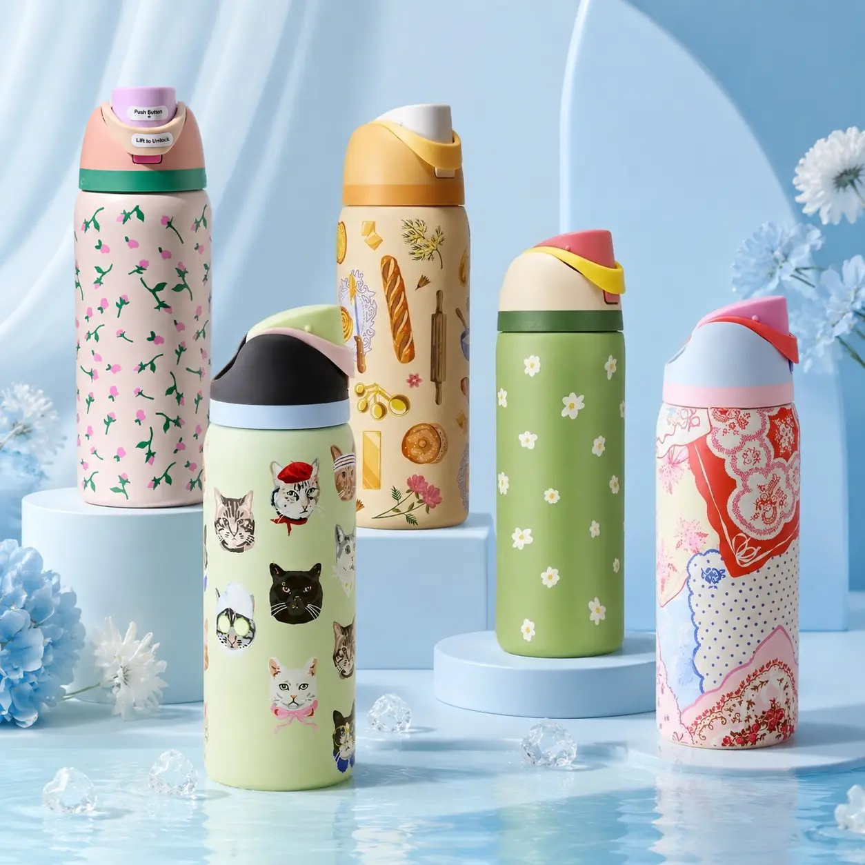 32oz Special Edition 0wala FreeSip Insulated Stainless Steel Water Bottle with Straw for Sports and Travel, Leak Proof, BPA-Free, Brunch Bunch,Hankie,Cat Collage,Darling Daisy