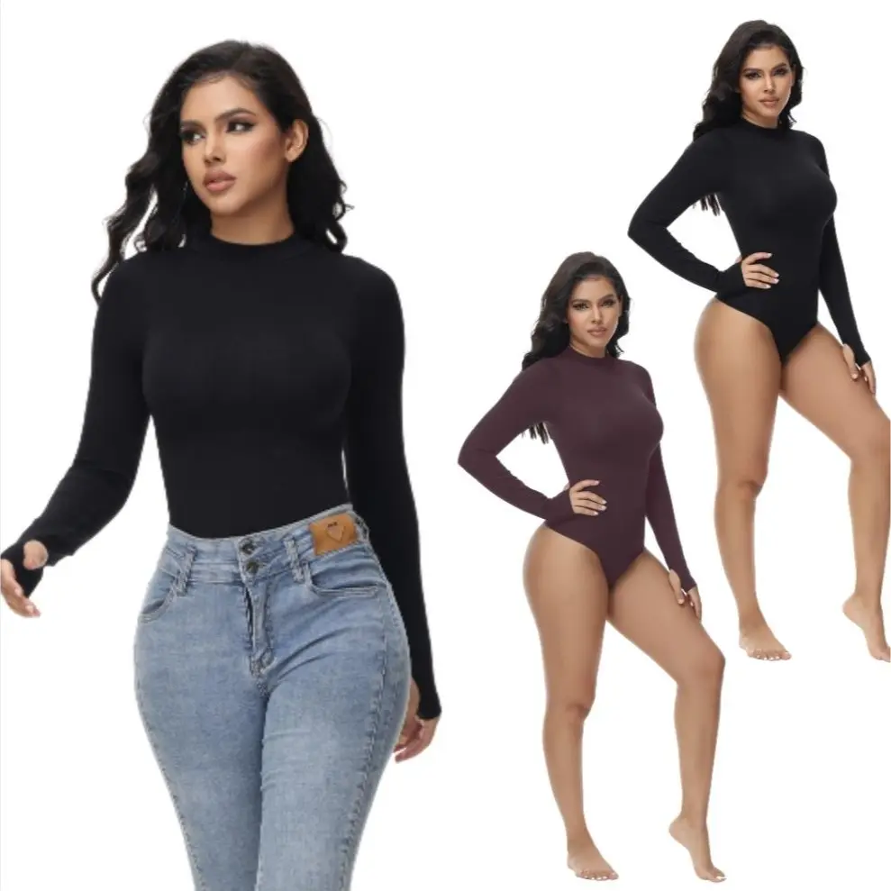 Soo Slick Seamless Shapewear Bodysuit for Women - Mock Neck Long Sleeve Thong, Body Shapers, Control Elastic Body Contouring Underwear, Minimalist Comfortable Tops Fitted Bodysuits Garter Bodysuit