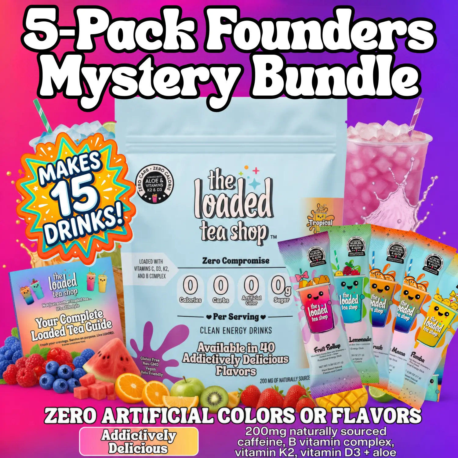 5 Pack, Founder’s Favorites Variety Pack, Zero Sugar, Zero Calories, 200mg Green Tea Caffeine, No Artificial Colors or Flavors, Powder Packets with B Vitamins