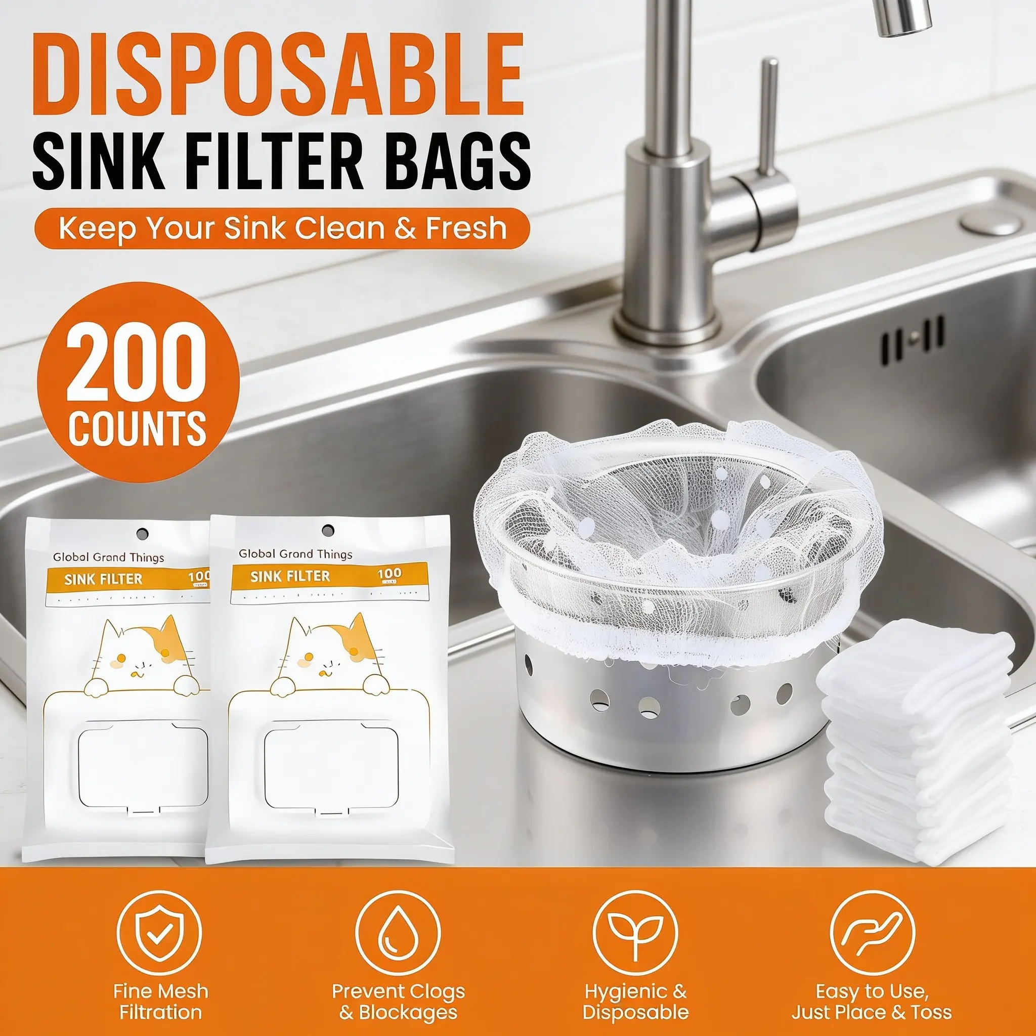 200 Count Sink Strainer Mesh Bags for Kitchen Sink Drain – Universal Disposable Drain Filter, Anti-Clog Mesh Sink Protector, Kitchen Sink Drain Catcher for Kitchen, Bathroom & Laundry, Must-Have Home Cleaning Gadget