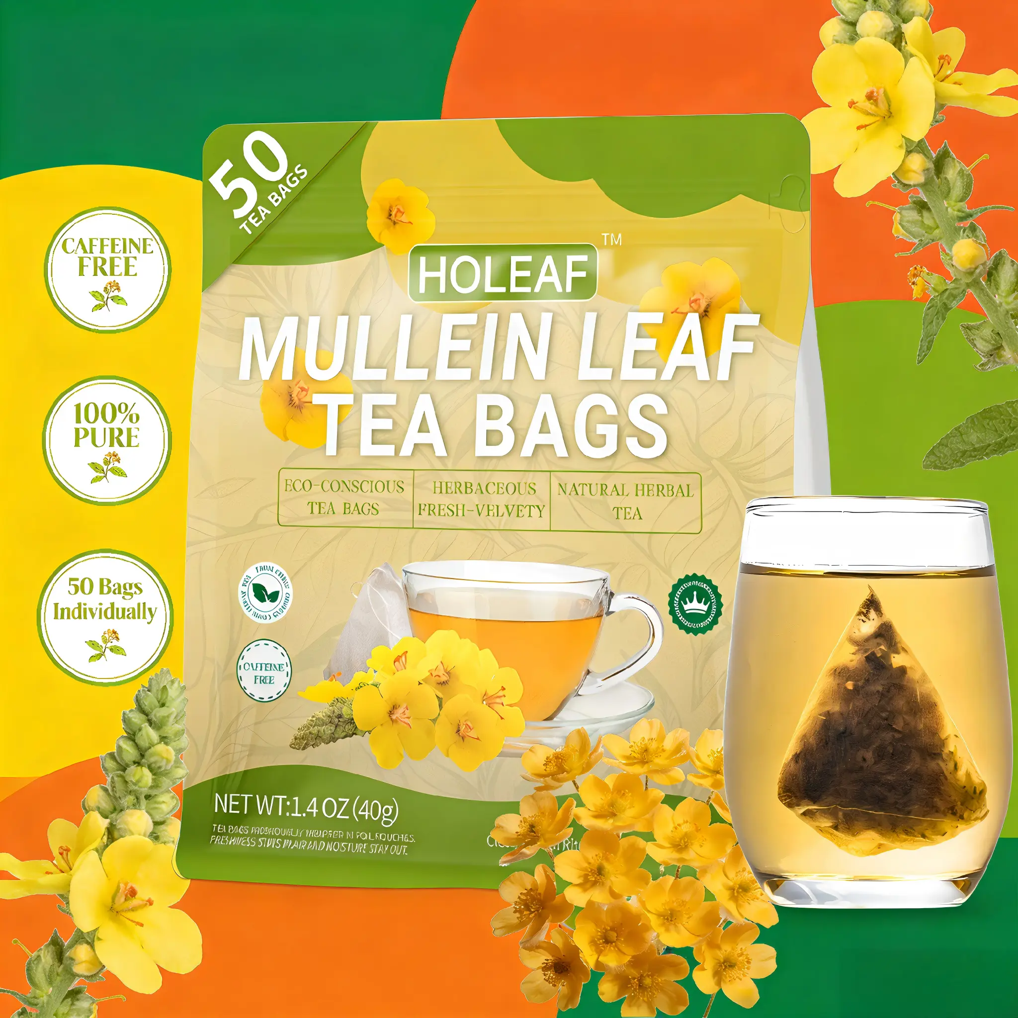 HOLEAF Natural Mullein Leaf Tea Bags (50 Count) - Caffeine-Free Herbal Beverage for Lung Cleanse, Respiratory Support, 100% Pure, Non-GMO, Individually Wrapped