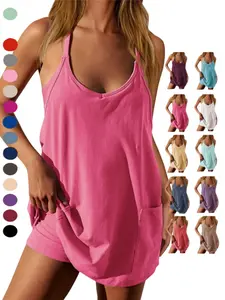 Athletic Dress for Women Casual Sleeveless Spaghetti Strap Sundress Workout Short Tennis Dress with Pockets, Womens Workout Romper Dress with Attached Shorts Athletic Outfits Casual Vacation
