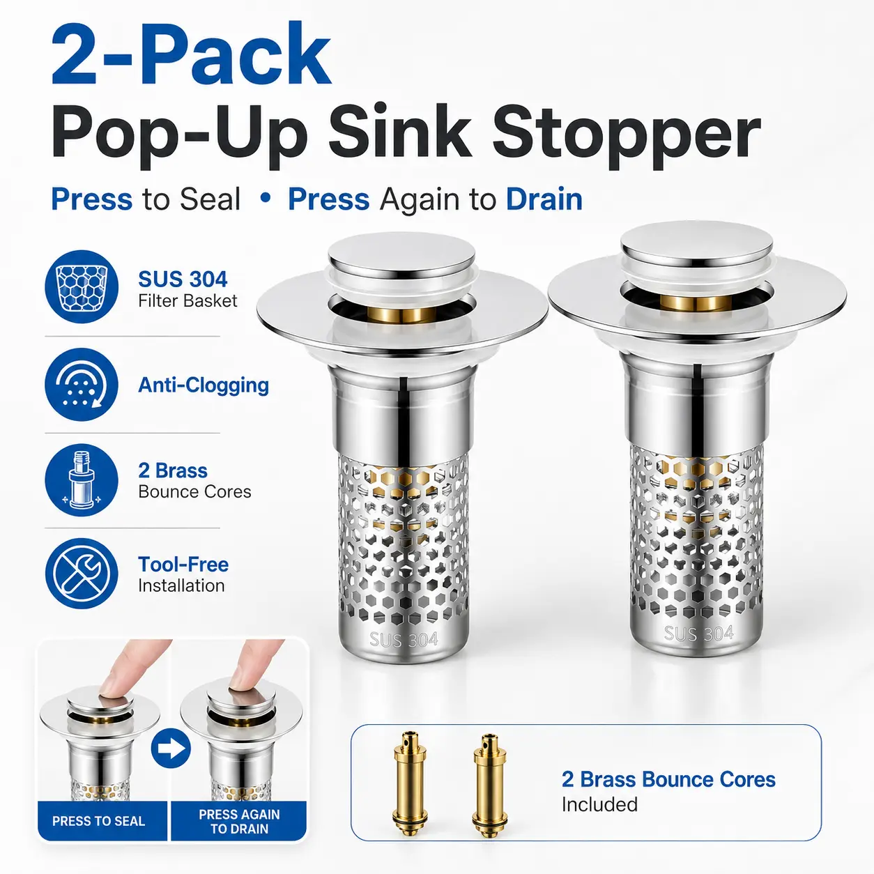 Universal Stainless Steel Anti-Odor Sink & Bathtub Drain Stopper with Hair Catcher, Removable Filter Basket for Easy Cleaning, Brass Pop-Up Bouncing Core Plug – Brass Bathtub Accessories, Clog Prevention, Drainage Feature, Clog Prevention Bathtub Accessor