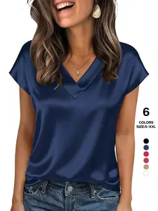 Women's Satin V-Neck Blouse, Silky Short-Sleeved Top for Office and Casual Wear, Perfect for Dating Occasions, Smooth Womenswear