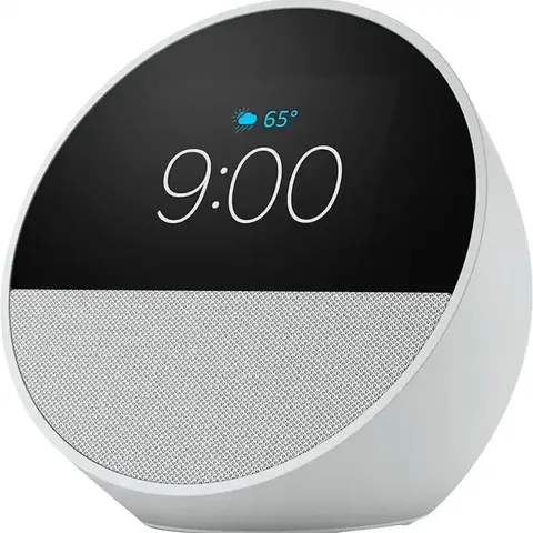 2024 Release Glacier White Amazon Echo Spot Lighted Alarm Clock - Alexa Compatible, Touch Sensor, Deep Bass Sound, Weather Glance, Soft Wake Light, Dimmable, Song Playback, Customizable Clocks for Living Room, Home Decor Items, Control Smart Home Devices