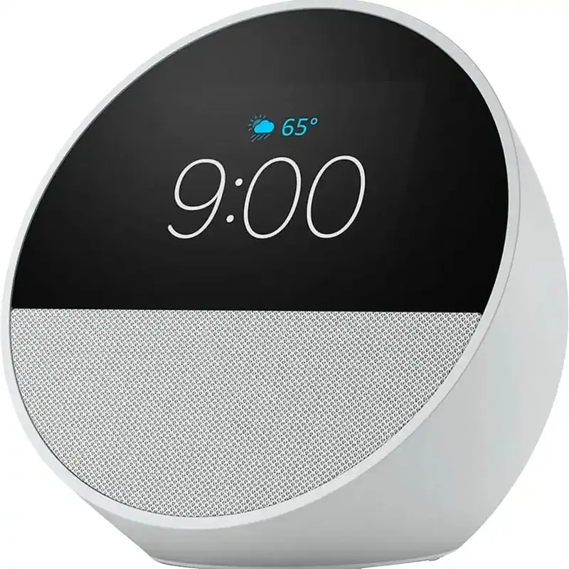 2024 Release Glacier White Amazon Echo Spot Lighted Alarm Clock - Alexa Compatible, Touch Sensor, Deep Bass Sound, Weather Glance, Soft Wake Light, Dimmable, Song Playback, Customizable Clocks for Living Room, Home Decor Items, Control Smart Home Devices