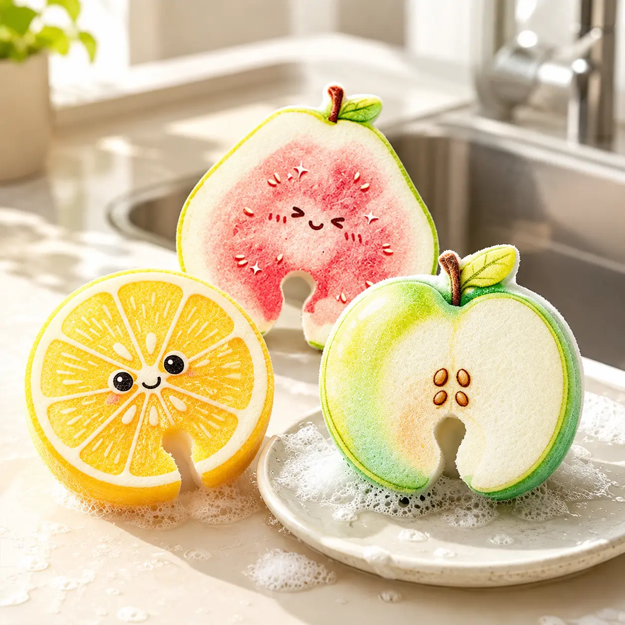 Compressed Cellulose Sponges - 3 Pack Fruit Shaped Natural Pop Up Dish Sponge for Kitchen - Compostable, Plant-Based, Non Scratch Cleaning Sponges Bulk for Dishes & Household Cleaning - mm2