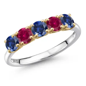 1.25 Cttw Blue Created Sapphire and Red Created Ruby Wedding-Bands Ring For Women | 925 Silver and 10K Yellow Gold | Round 4MM | Wedding Engagement Anniversary Promise Ring