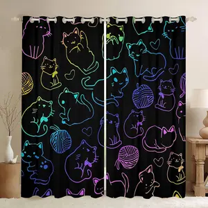 Feelyou Cartoon Kawaii Cat Grommet Curtains - Aesthetic Colorful Neon Line Blackout Drapes, Home Decoration Curtain for Living Room Windows, Interior Decoration Accessories