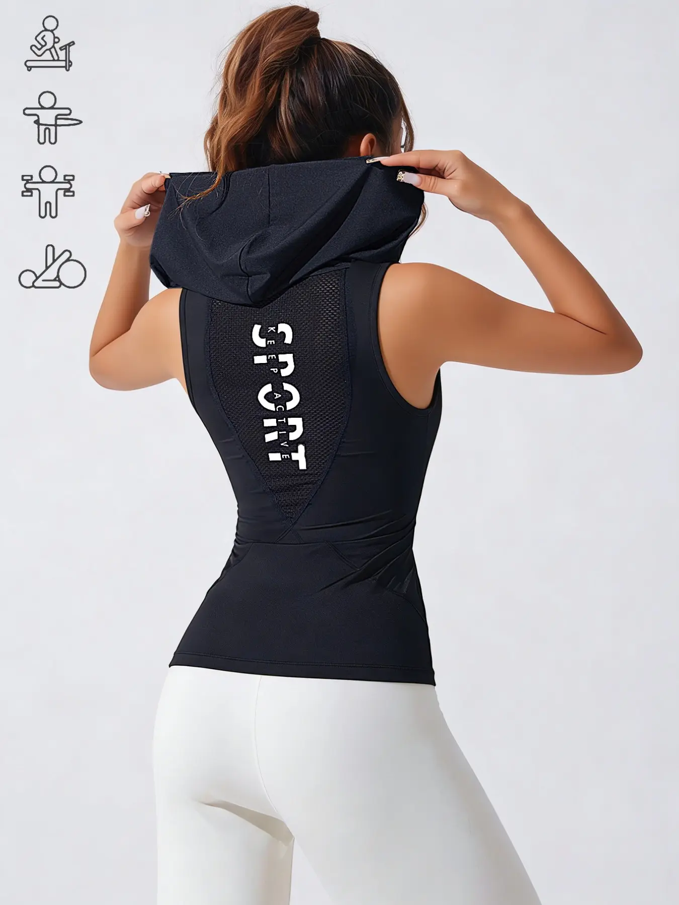 Women's Sporty Hooded Sweatshirt, Yoga Running Fitness Tight Sleeveless Top, Casual Mesh V-Neck Slim Fit, Sportswear For Running, Activewear Clothes, Spring & Fall, Yoga Tops, Casual Sport Hoodie, Breathable Workout Tops
