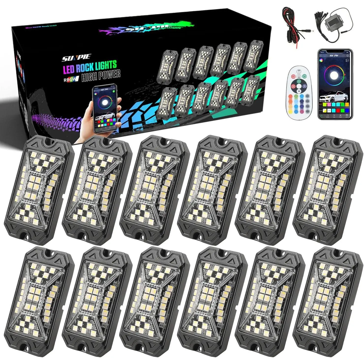 SUNPIE RGBW Rock Lights, 30 High Power Chips, Full Beam Angle, IP68 Waterproof, Music & Strobe Modes, Rgb Side Lights for Truck SUV ATV UTV Boats, Mounting Pads & Switch Wire Included,Strobe Light,Summer Survivals