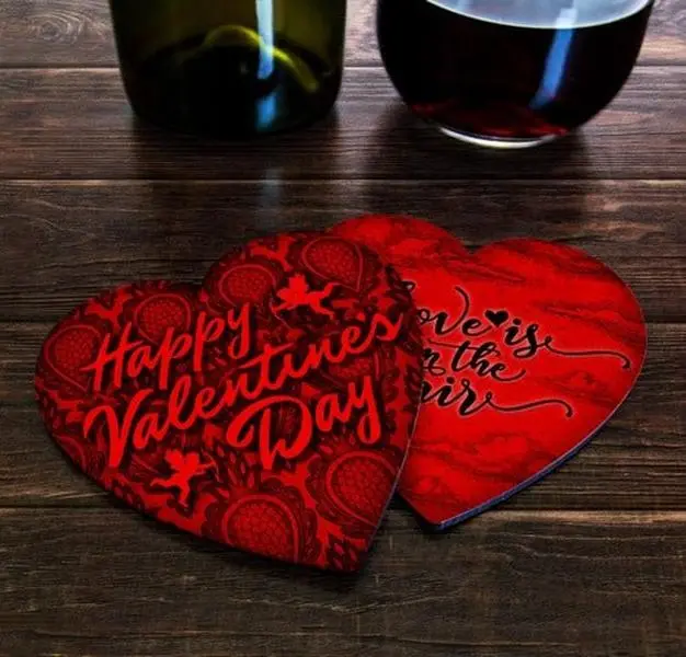 Glossy Finish Valentine's Day Heart-Print Coasters with Non-Slip Cork Base, 2 Designs & Message Choice Tableware for Indoor Kitchen, Dining Use, Ideal Gift