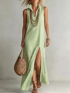 New Arrival Women's Striped Stand Collar Sleeveless Split Long Summer Dress, Fashion Casual Elegant Dress, European and American Style