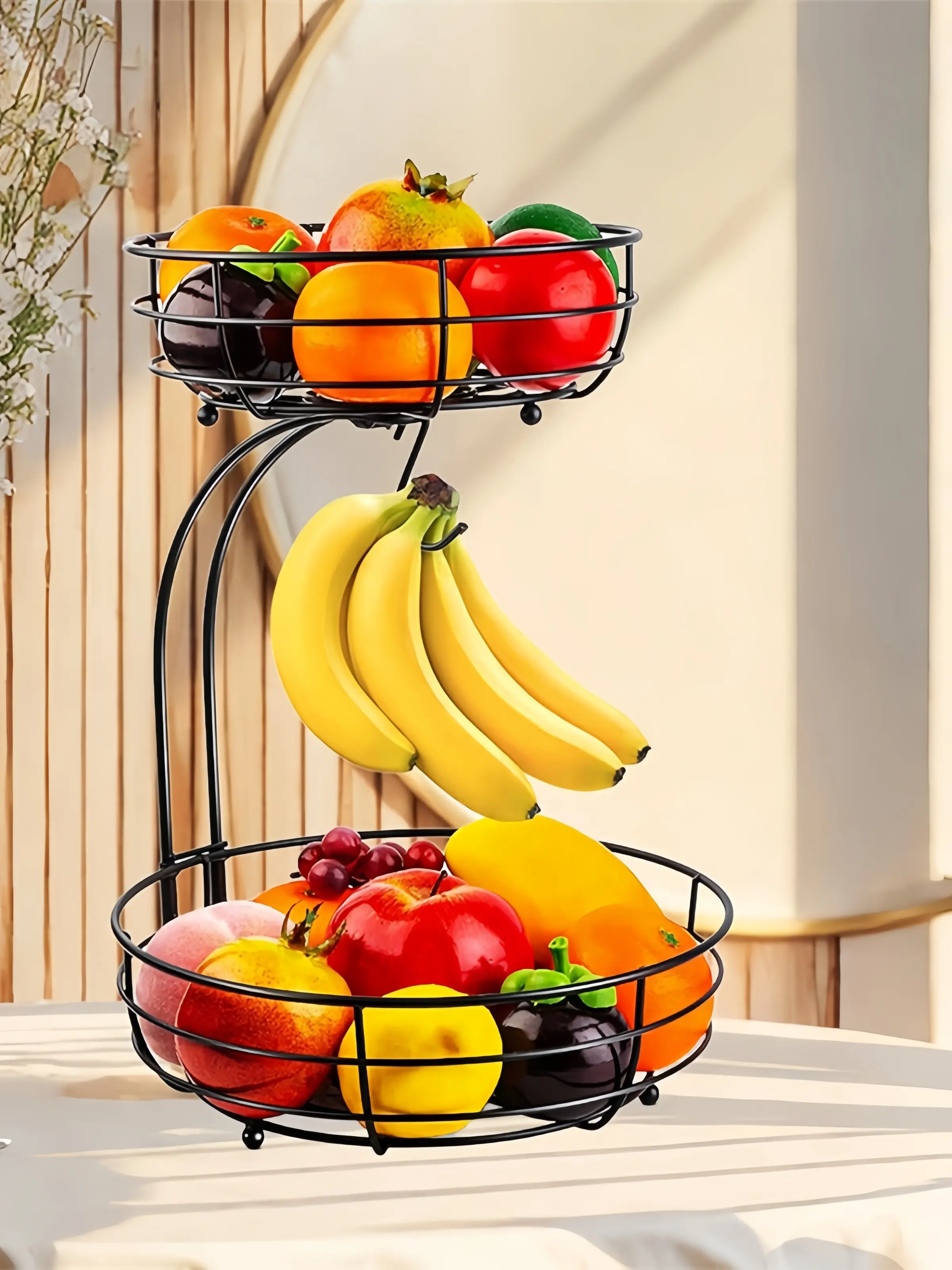Household Double-Layer Round Bowl with Smooth Surface, Banana Hook, Detachable Parts & Multipurpose Wire Basket - Kitchen Counter, Living Room Organizer