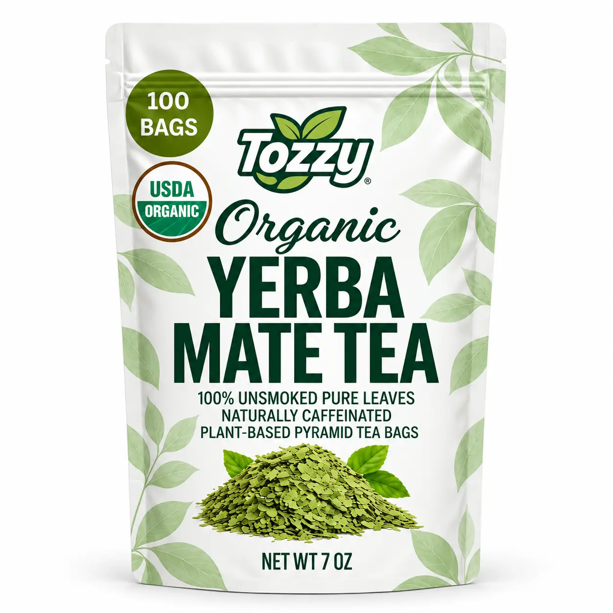 Tozzy Organic Unsmoked Yerba Mate Tea, 100 Plant-Based Pyramid Tea Bags, 7 oz