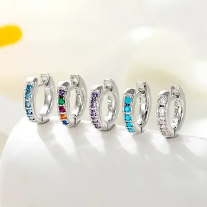 5 Pairs Rainbow CZ Huggie Hoop Earrings Set for Women, 925 Sterling Silver Small Cartilage Hoop, Hypoallergenic Multi-Color CZ Earring Pack