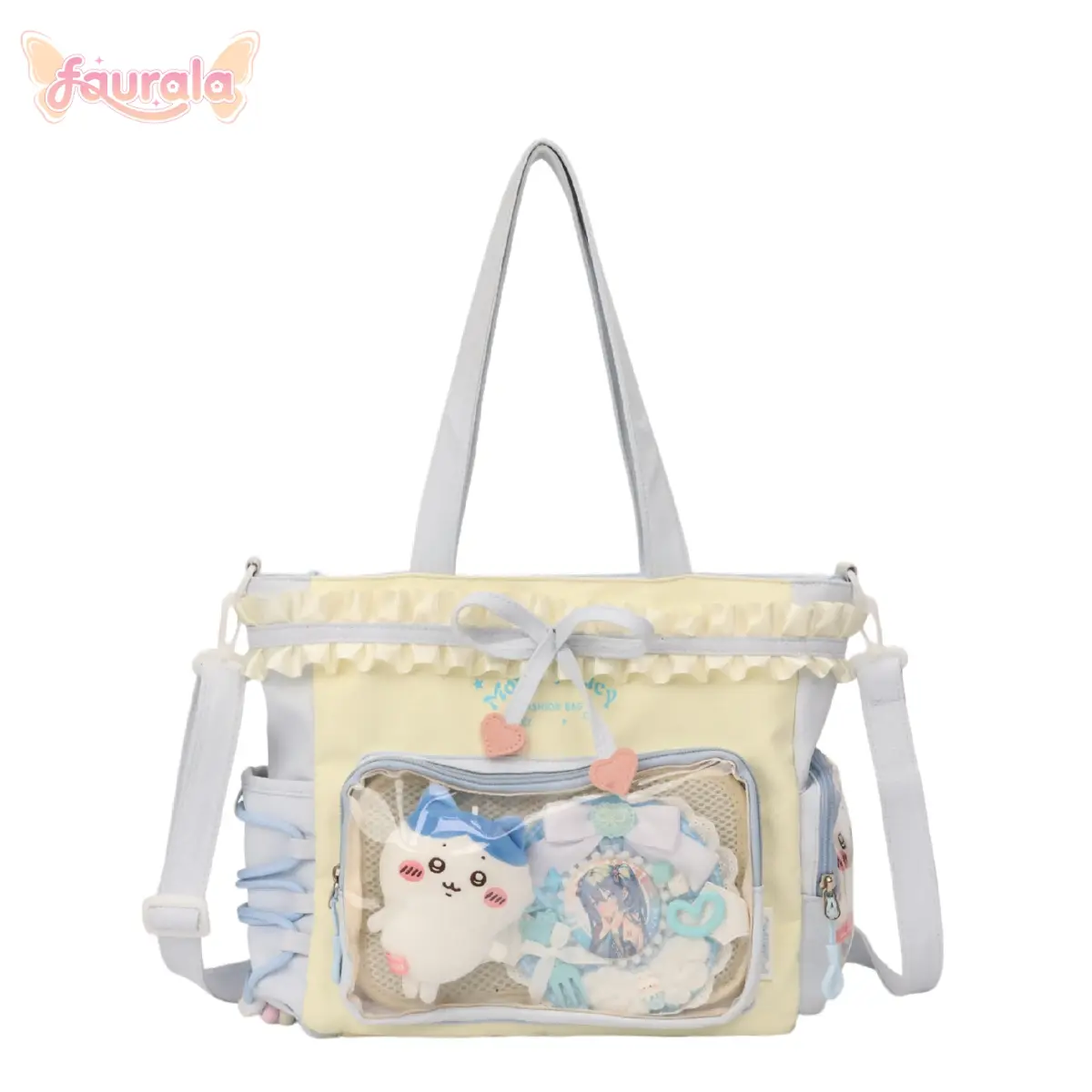 FAURALA Pastel Pink Kawaii Ita Bag Cute Ruffle Lace Crossbody Bag with Clear Window for Plushies Pins Badge Display, Sweet Coquette  Shoulder Bag, Large Capacity Handbag for Anime Cosplay K-pop Merch Daily School Use (Pins & Plush NOT Included)