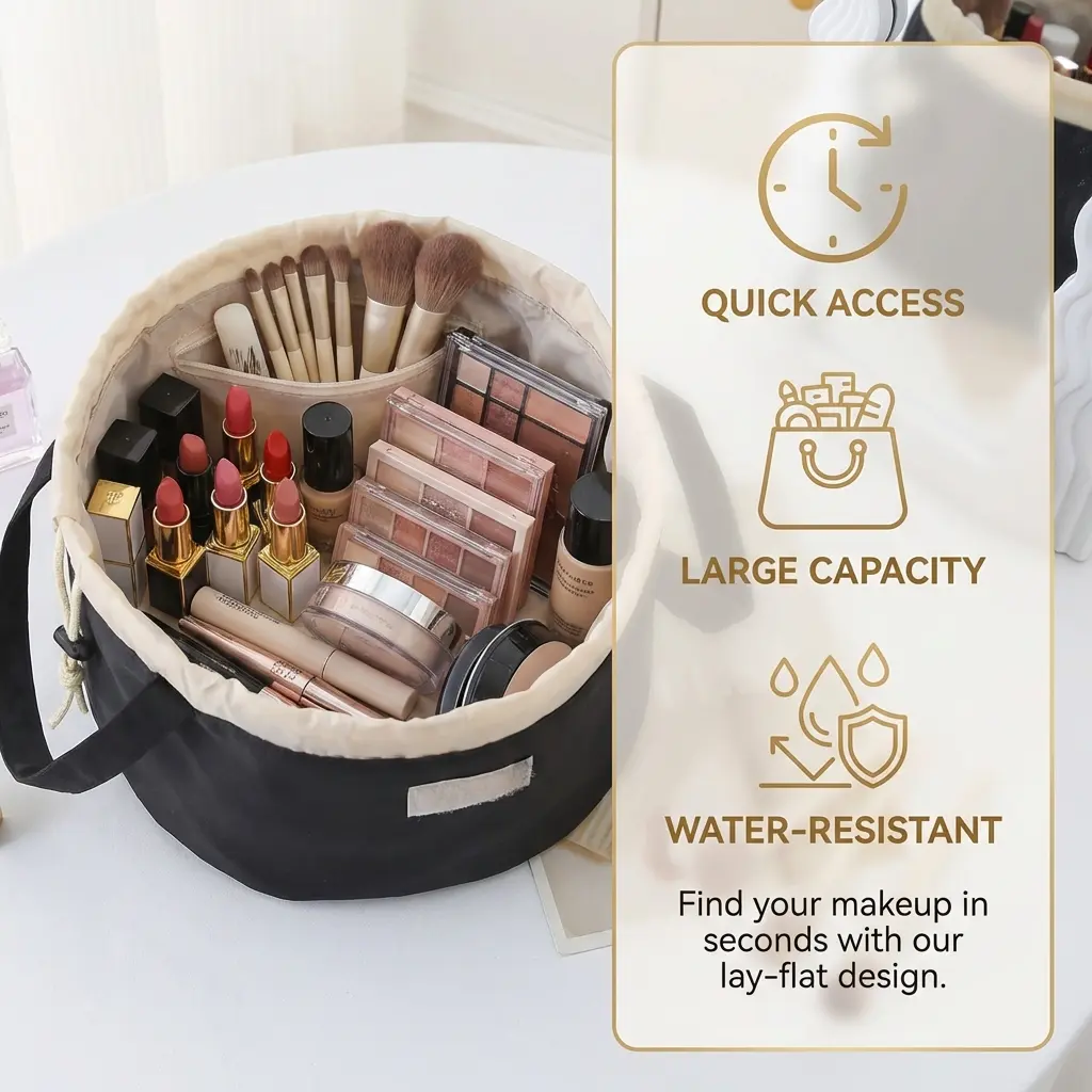 Portable Makeup Brush Pail - Dustproof Home Supplies Storage Bag for Apartments, Bathroom, Beauty Travel Use with Drawstring Closure
