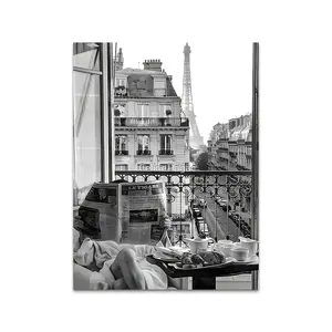 Black and White Paris View Canvas Wall Art, Eiffel Tower Balcony Breakfast Poster, Elegant Room Decor, Canvas Poster or Framed Canvas Wrap
