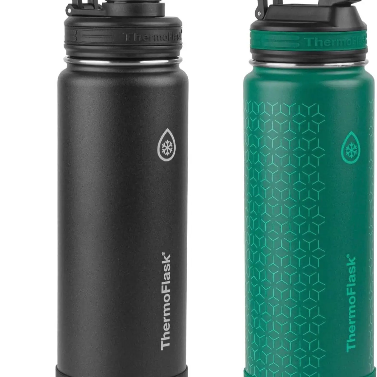 Thermoflask 24oz Stainless Steel Insulated Water Bottles with Straw and Spout Lids, 2-pack, Black/Malachite
