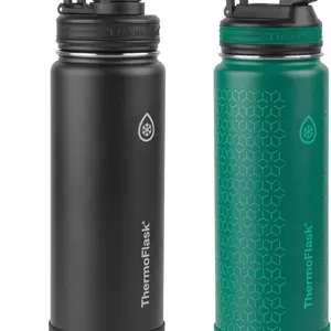 Thermoflask 24oz Stainless Steel Insulated Water Bottles with Straw and Spout Lids, 2-pack, Black/Malachite