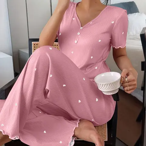 Spring Summer New Heart Print Women's Pajama Set Loungewear, V Neck Front Button Design, Elastic Fabric, Comfortable Breathable Soft Skin-Friendly