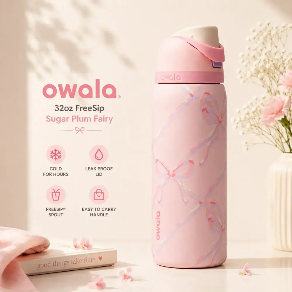 Owala 32oz Sugar Plum Fairy Water Bottle – Leak Proof Insulated Stainless Steel Tumbler, Drinkware, Flasks