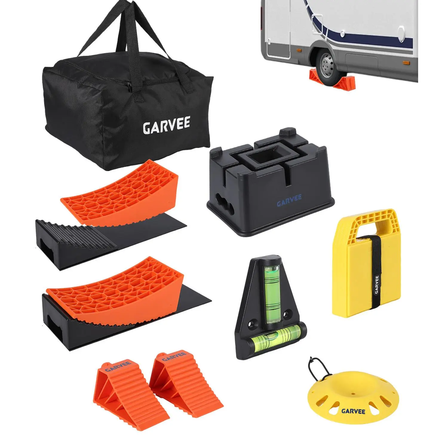 Garvee 13PCS RV Leveling Kit for Dual Axle Trailers, Heavy-Duty Camper Levelers with Stabilizer Pads, Wheel Chocks, Hitch Stand & Jack Chocks, Travel Trailer Leveling & Stability Set with Storage Bag
