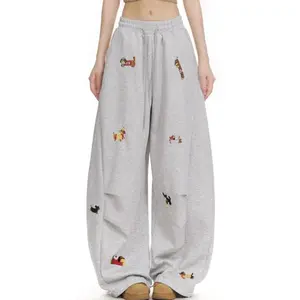 American style fun dachshund embroidered machete sweatpants for women loose lazy style drape wide leg pants