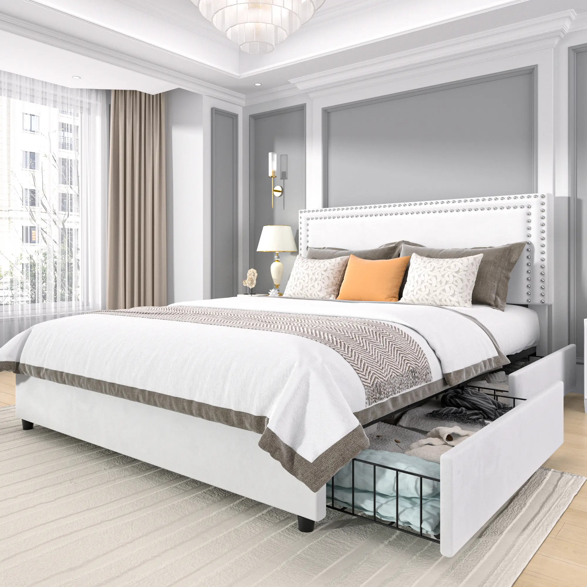 VECELO Upholstered Queen Platform Bed Frame with 4 Storage Drawers and Headboard, Double Row Riveted Sewn Headboard, Mattress Base with Wood Slat Support, No Box Spring Required, Stylish Contemporary Style Bed Frame, Black Beige Pink
