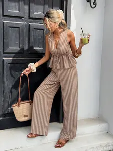 Women's Striped Tie-Waist Sleeveless Shirt Set, Long Pants Casual Two-Piece, Vintage Bohemian Style, Commuter Wear