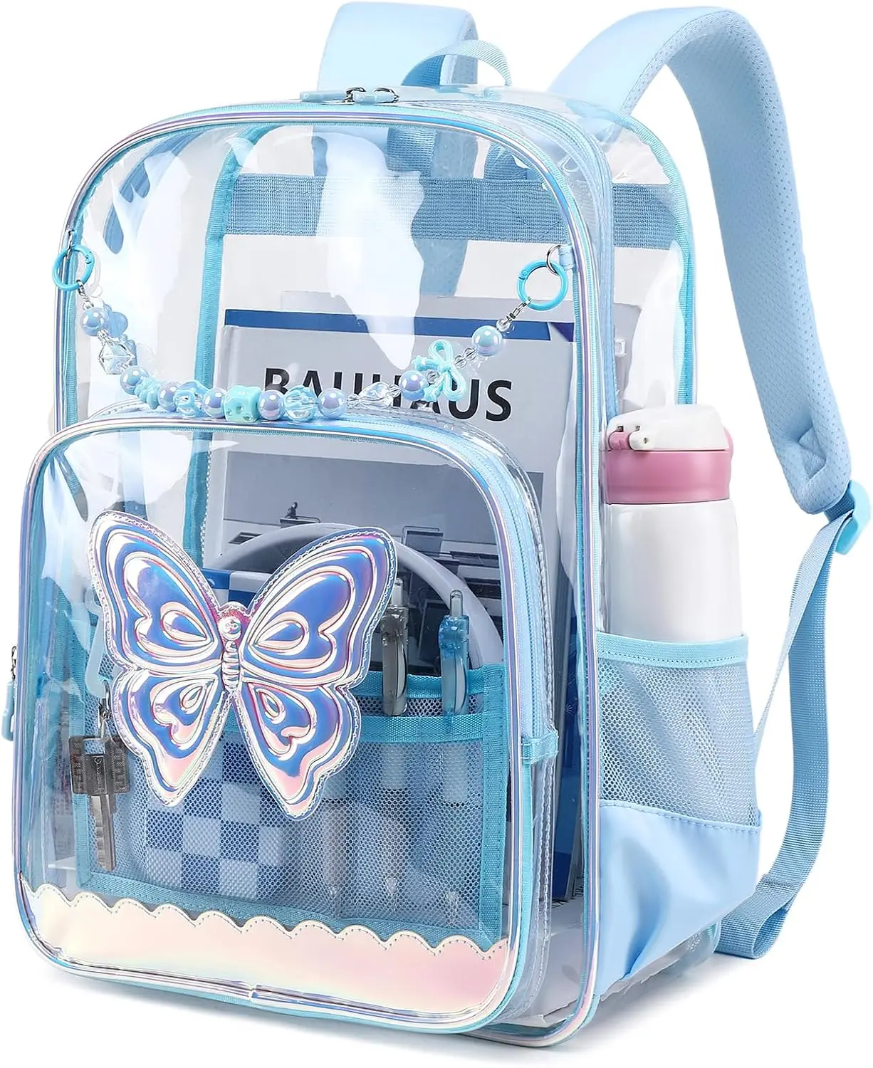Clear Backpack for School, Clear Bookbag for Girls PVC Heavy Duty Transparent Backpack, Blue Butterfly