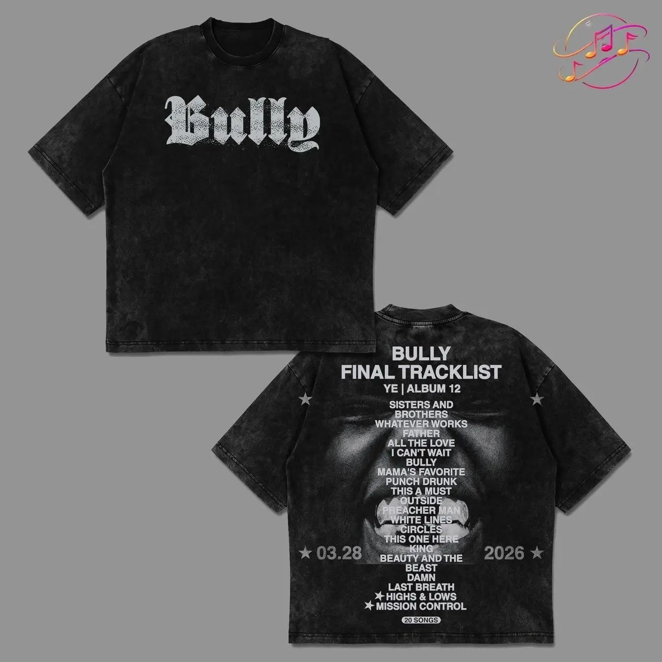 [Echo Culture] Bully Final Track List Album By YE Tracklist 20 Songs Graphic Premium Acid Washed Cotton T-Shirt For Kanye Fans, Kanye Hip-Hop Streetwear Shirt, Bully Album Merch, Ye Fan Graphic Tee, Concert Music Outfit PUI