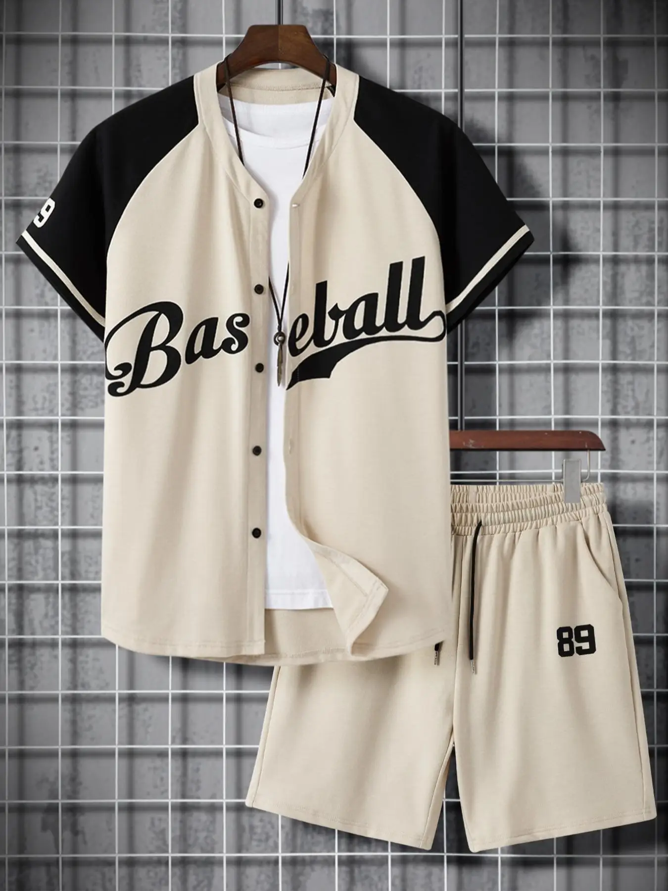 2 Pieces Men's Colorblock Letter Print Drawstring Two-piece Set, Regular Fit Casual Streetwear Button Front Outerwear & Pocket Shorts, Full Sets Men O