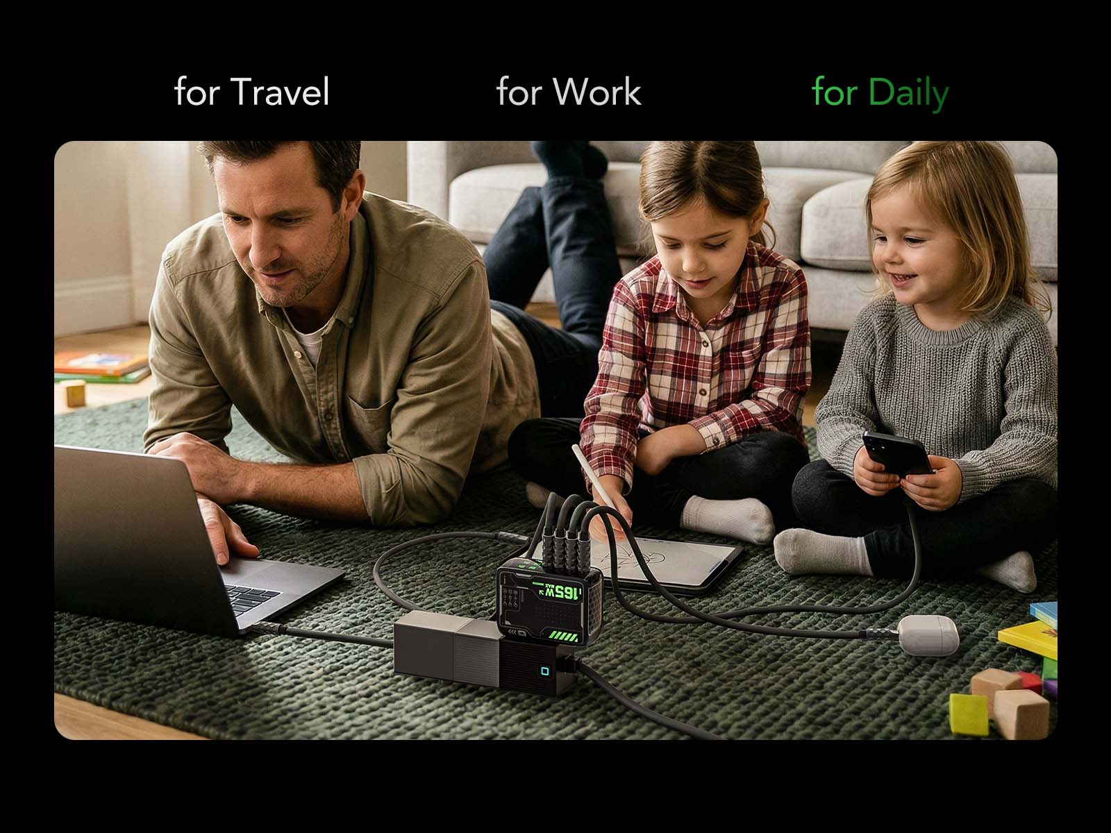 mfish E-RHINO 165W Total GaN USB-C Laptop Wall Charger - 4-Port Charger with Rotatable LCD Smart Display, Foldable US Plug for Mobile Devices, Game Charging