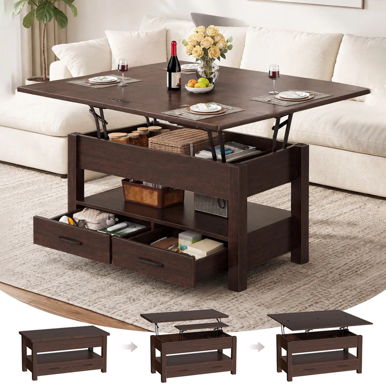 40'' Wooden Lift Top Coffee Table,4 in 1 Multifunctional Square Coffee Table with Storage Shelf & 2 Drawers, 3 Hidden Compartments & Open Shelf for Living Room, Converts to Dining Table with Lift Tabletop,Home Office