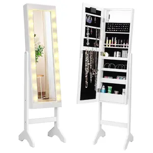 COSTWAY Standing Jewelry Armoire with 18 LED Lights, Mirrored Jewelry Cabinet for Necklaces, Earrings, Full Length Mirror with Large Jewelry Storage, Jewelry Organizer for Women Girls