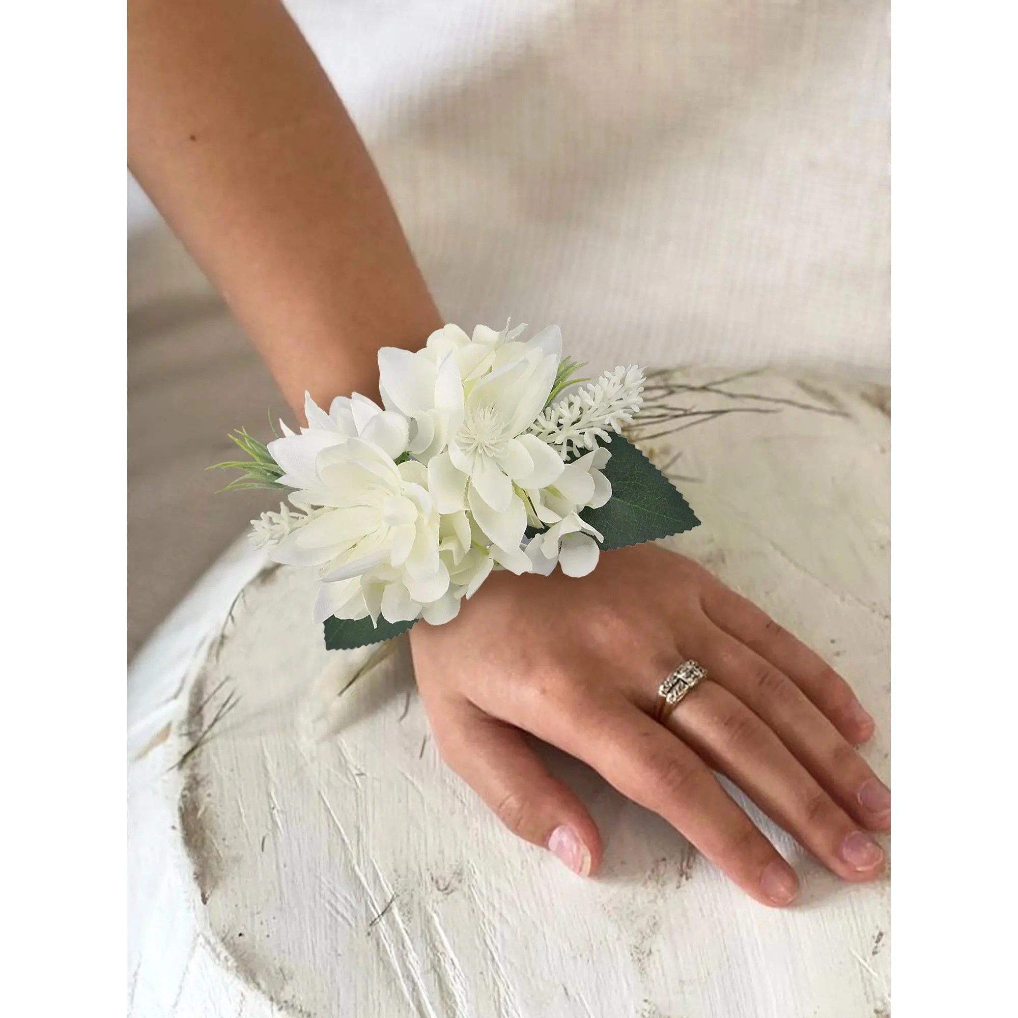 Rinlong Lifelike Silk White Orchid Cacti Flowers Wrist Corsage Bracelet - Elegant, Stretchy Fit Accessory for Wedding, Festive Home Decor, Bracelets, Lifelike Look