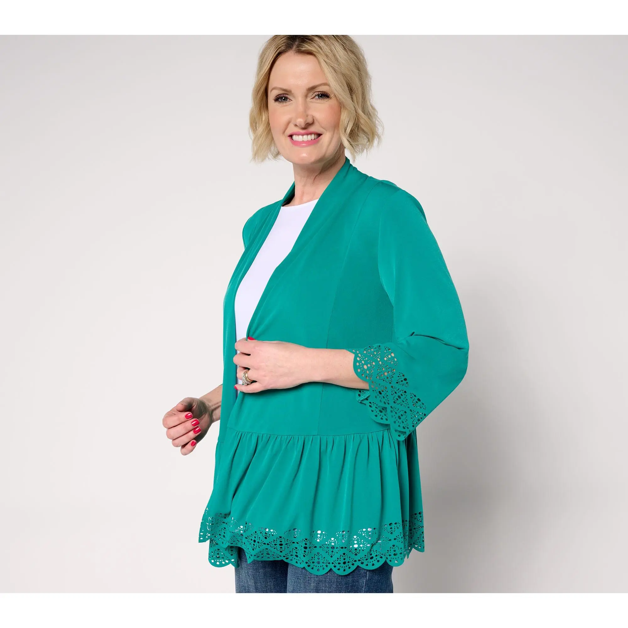 GRAVER Susan Graver Regular Liquid Knit Tiered Laser Cut Cardigan