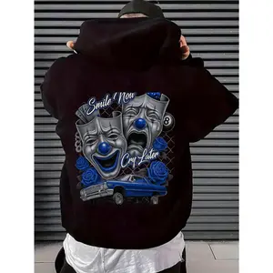 Men's Hoodies,A Black Hoodie Featuring a Smile Now, Cry Later Design with Clown Masks And a Car Print, Perfect for Everyday Use.