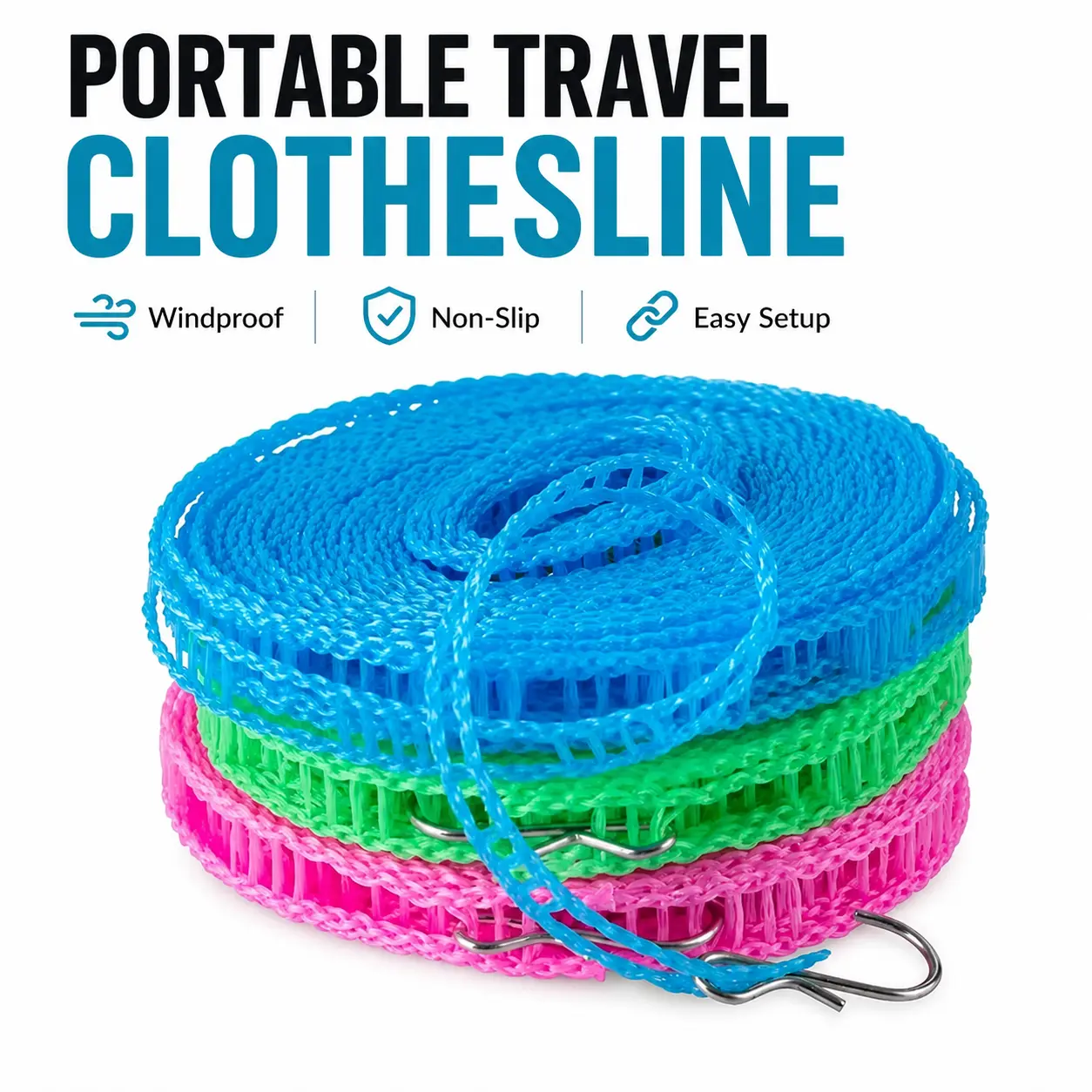 3 Roll Portable Clothesline – 196.85 Inch Adjustable Laundry Line, Windproof & Non-Slip, Easy Setup for Travel, Camping & Home
