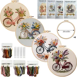 Beginner Embroidery Kit, Elegant Bicycle Style Flower Embroidery Cross Stitch Set, Includes Printed Cotton Fabric, Threads, Needles, DIY Craft Supplies
